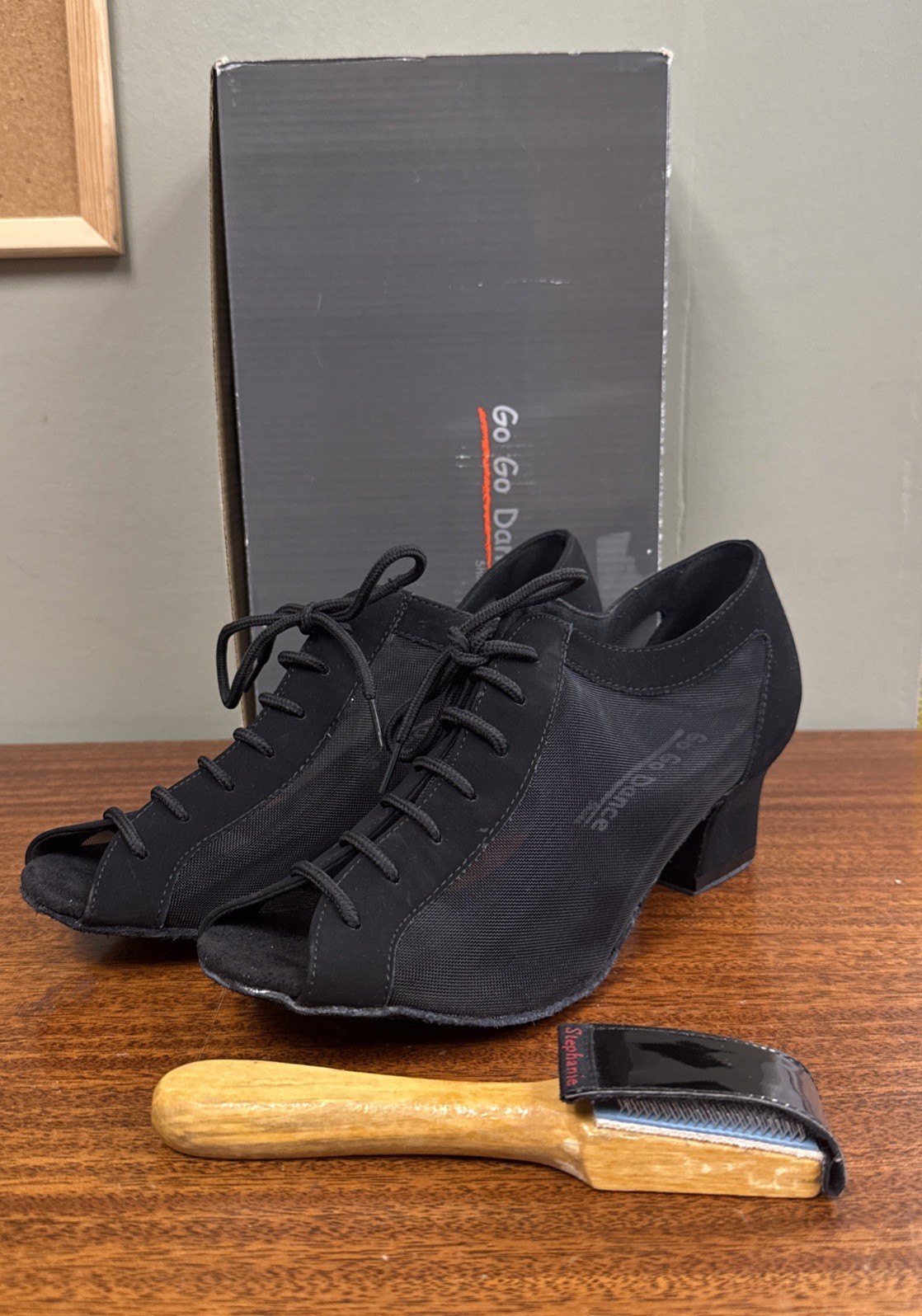 Go Go Dance Women’s Lace-Up Black Peep-Toe Faux Suede Mesh Dance Shoes Sz 9.5