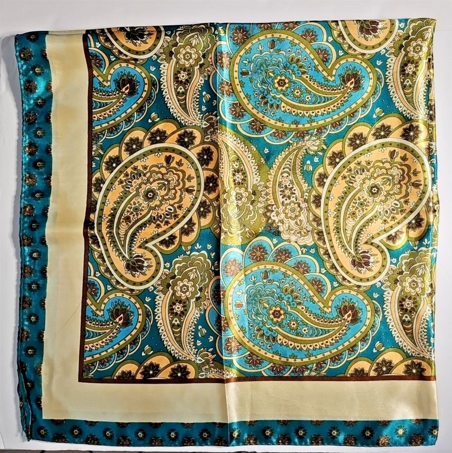 Turquoise Green Brown Ivory Paisley Shawl Scarf 33.5″x33.5″ 100% PolyBlend