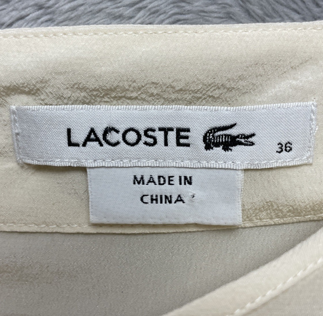 Vtg Lacoste Womens 100% Silk Blouse Sz EU 36 US 4/S Ivory Military 3/4 Sleeve