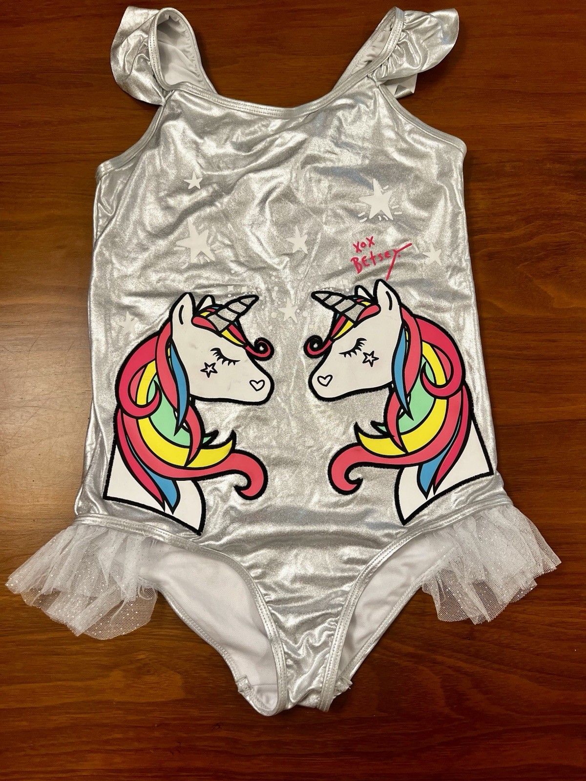 Betsey Johnson Girls Silver Unicorn Stars One Piece Swimsuit Size XL (14)