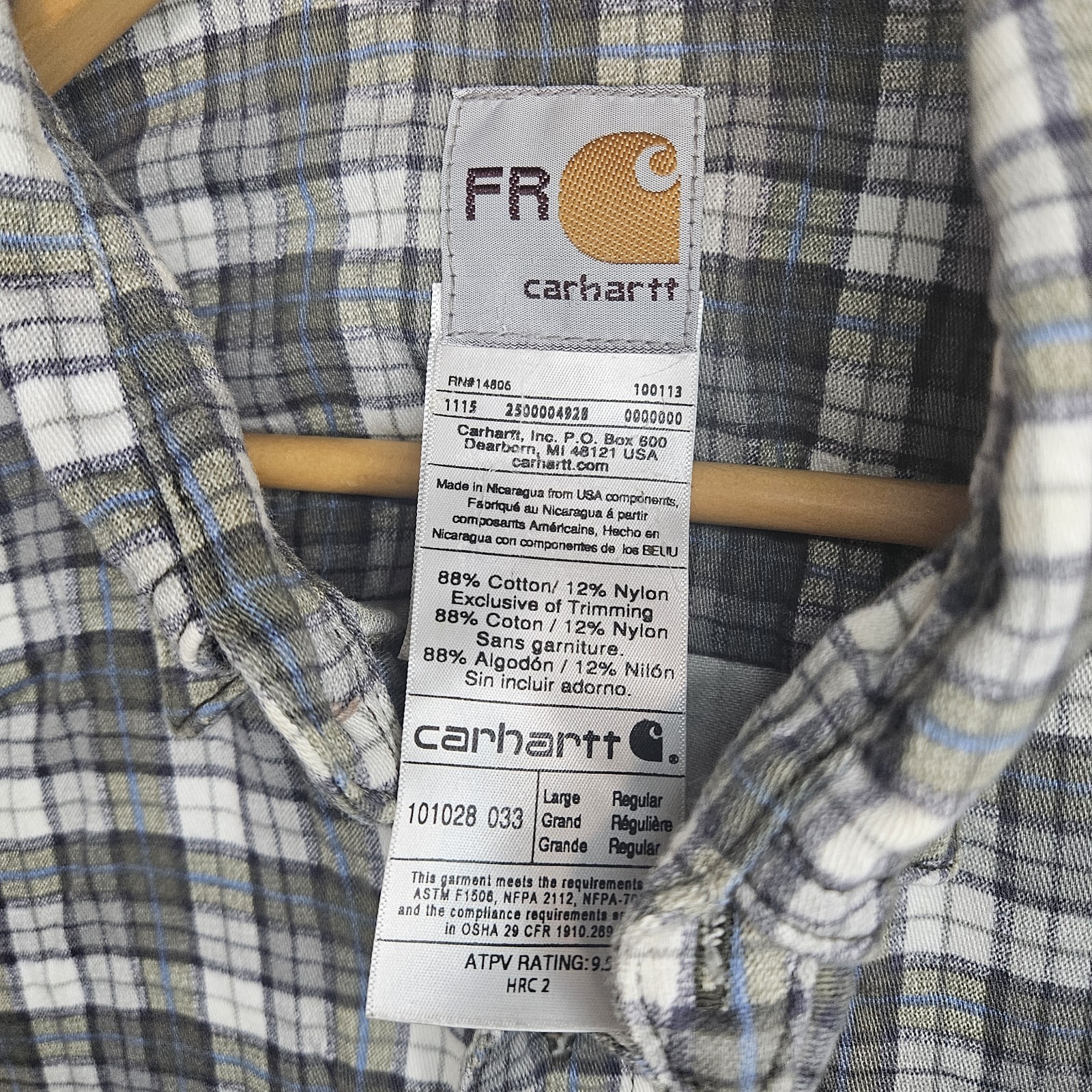 Carhartt FR Flame Resistant Shirt Mens Large Plaid Flannel Button Front Workwear