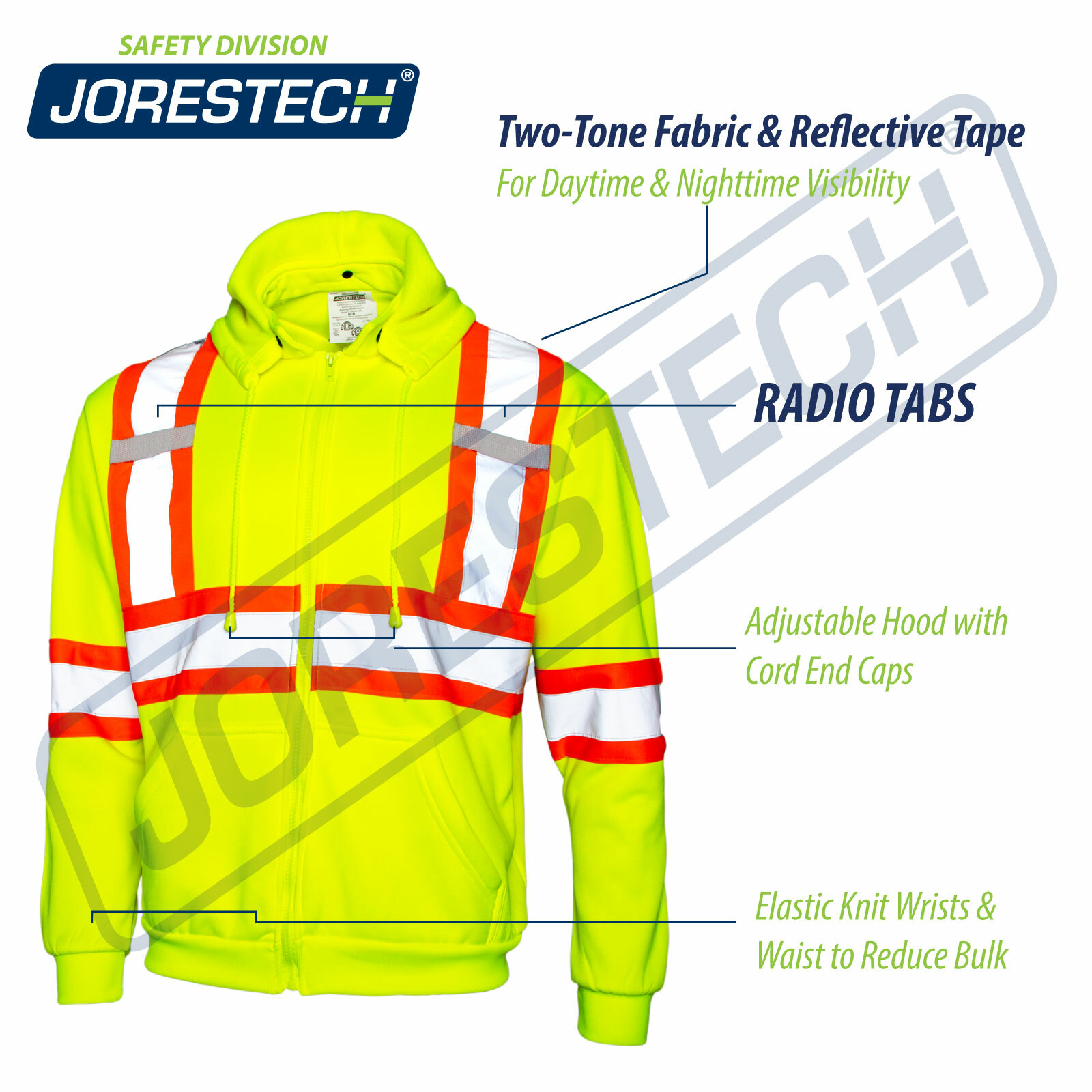 Men’s High Visibility Safety Hoodie Sweater Yellow with X on back Jorestech