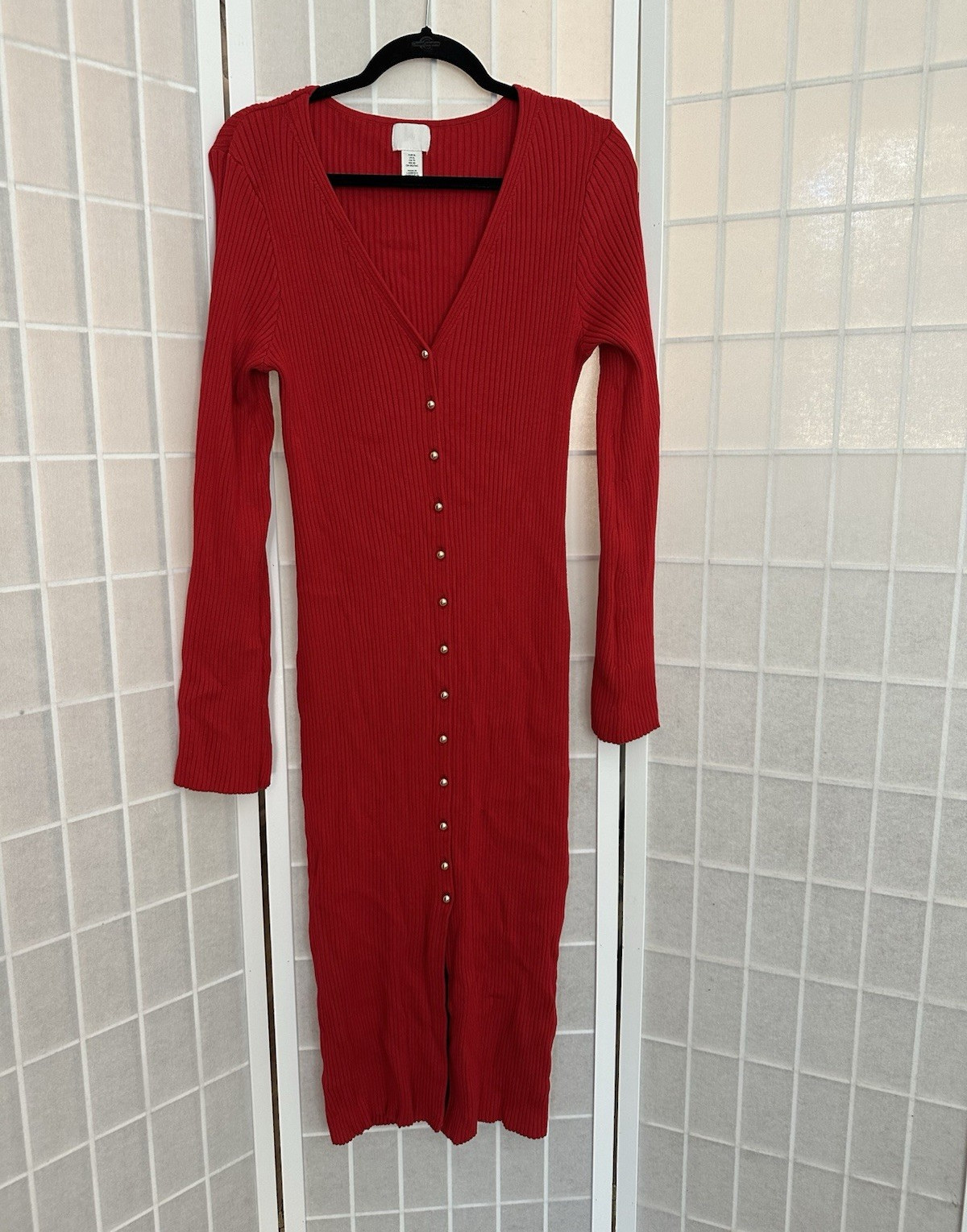 H&M Red Ribbed Knit V-Neck Button Front Midi Sweater Bodycon Dress XL
