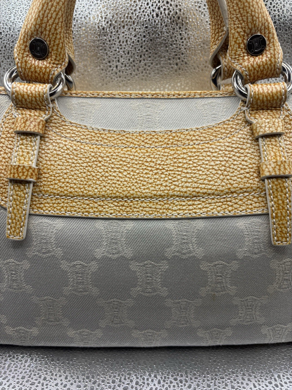 Authentic Celine Boogie Bag Ivory Macadam Monogram Canvas Tan Leather Vintage