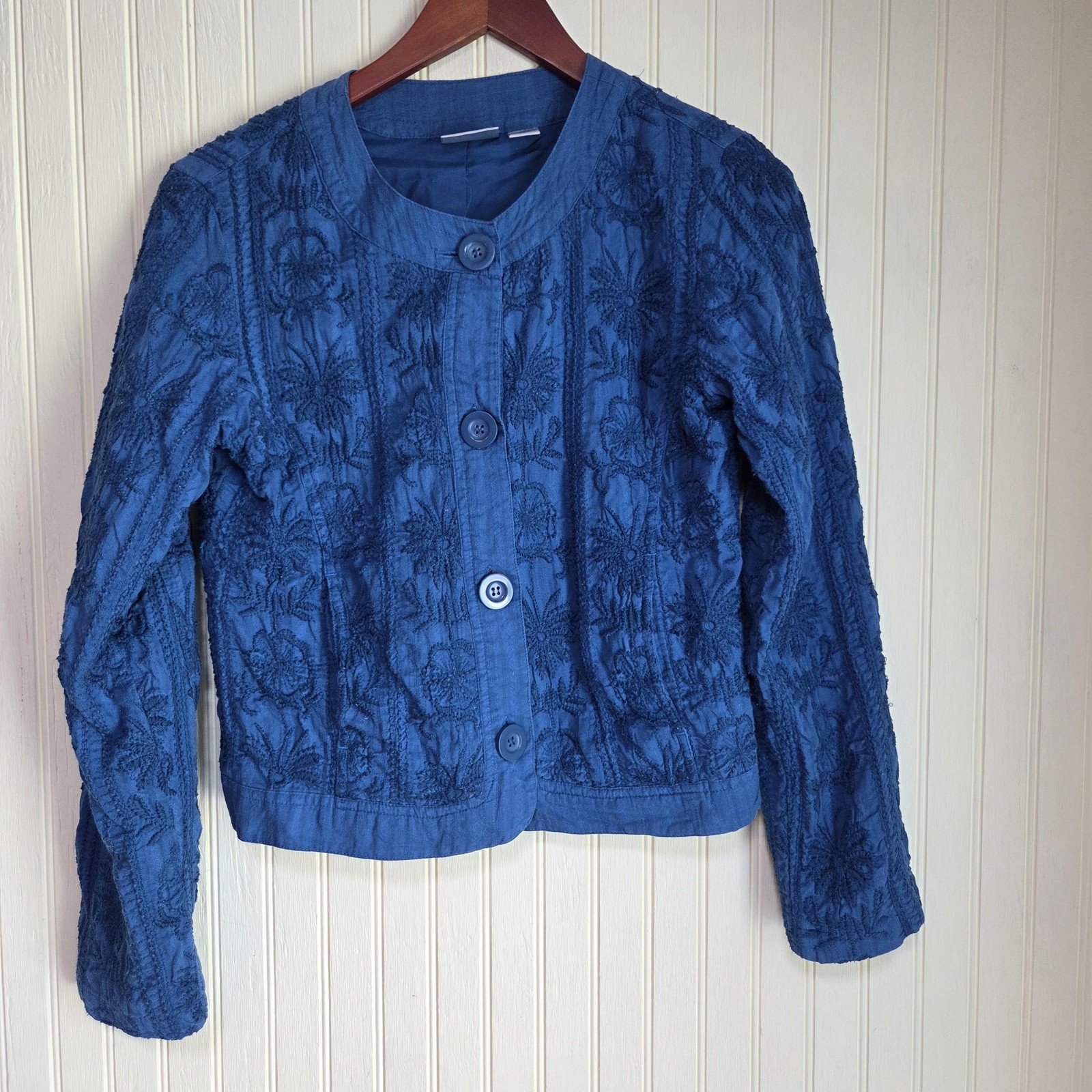 Chico’s Jacket Womens 0 Blue Embroidered Floral Button Front Collarless Twill