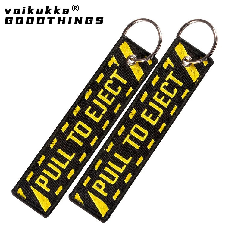 1 PC Only Both Sides Embroidery PULL TO EJECT Tags Rectangle Keychain Motorcycle
