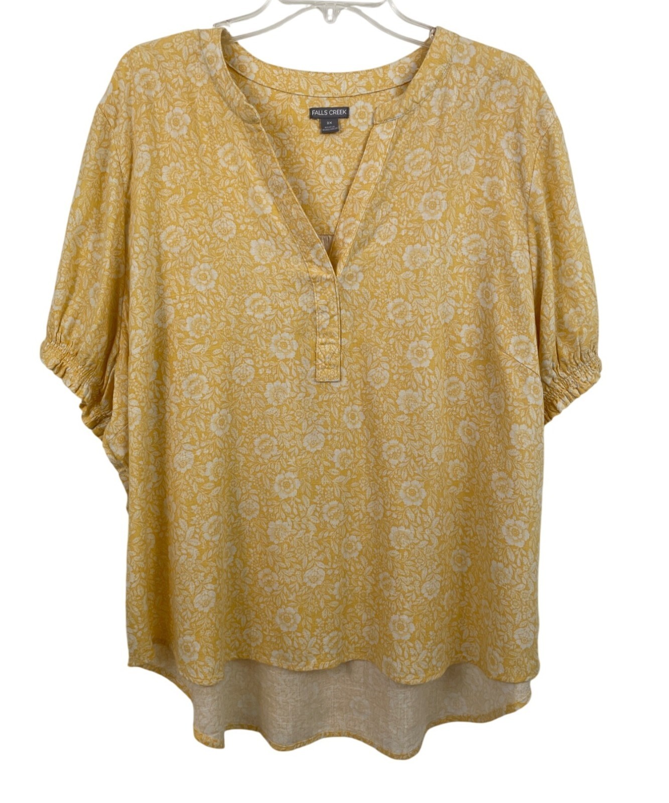 Falls Creek Womens Size 2X Yellow & White Floral Print Linen Blend Shirt