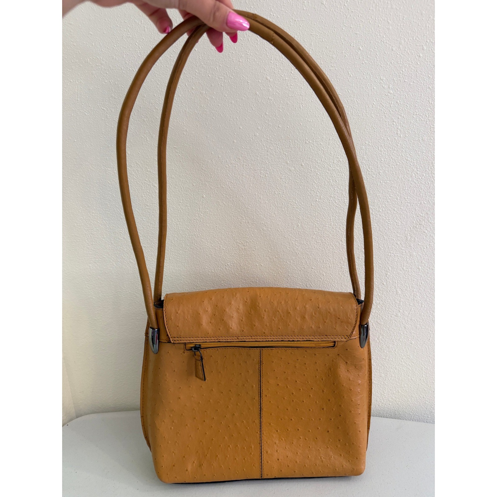 Ostrich Embossed Leather Shoulder Bag Cognac Tan Flap Handbag with Multi Pockets