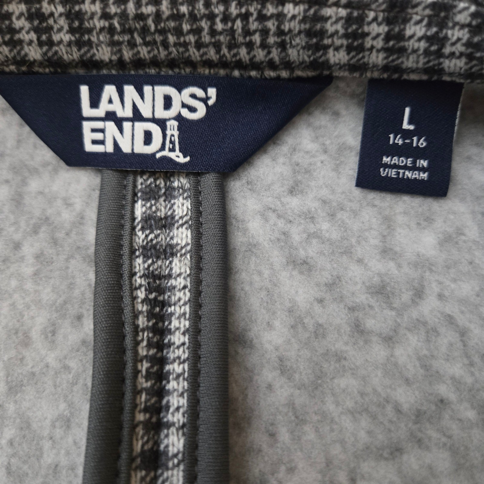 Lands’ End Black White Knit Blazer Size L Glen Plaid Single Button Fleece Lined
