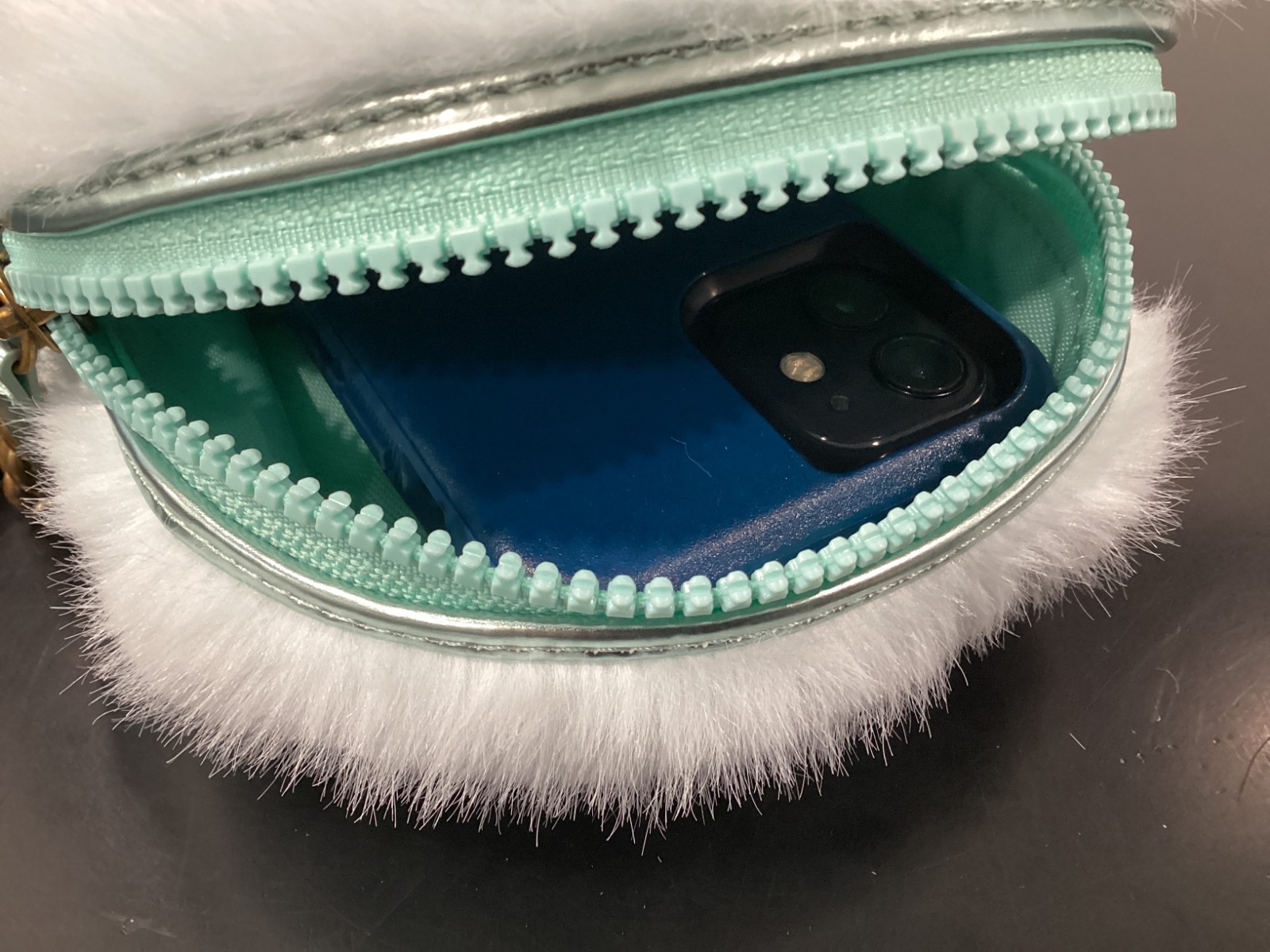Kurt Geiger Faux Fur Soft Eagle Bag 6″ x 6″ x 4.5″ Crossbody Blue Pink Crystals