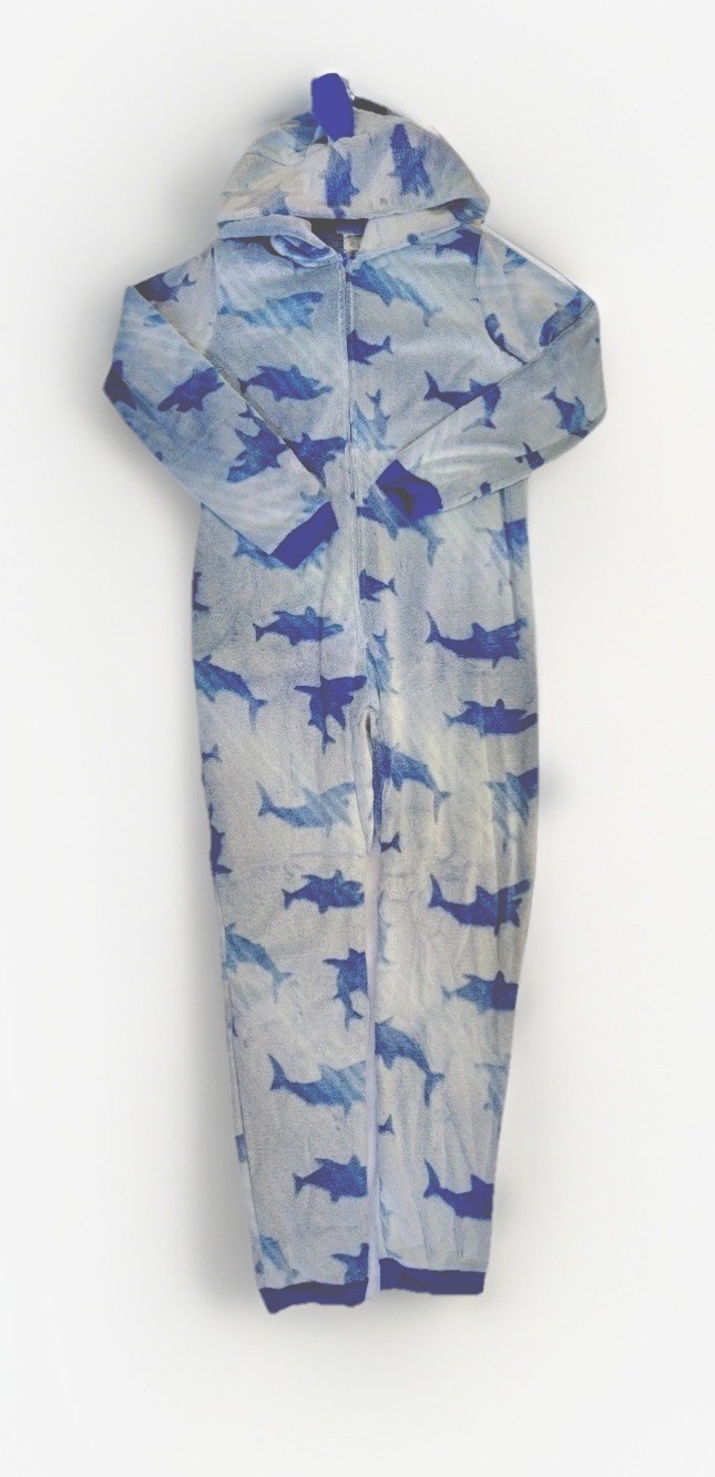 saint eve boys one piece pajamas hooded union suit XS 5/6 blue shark fleece