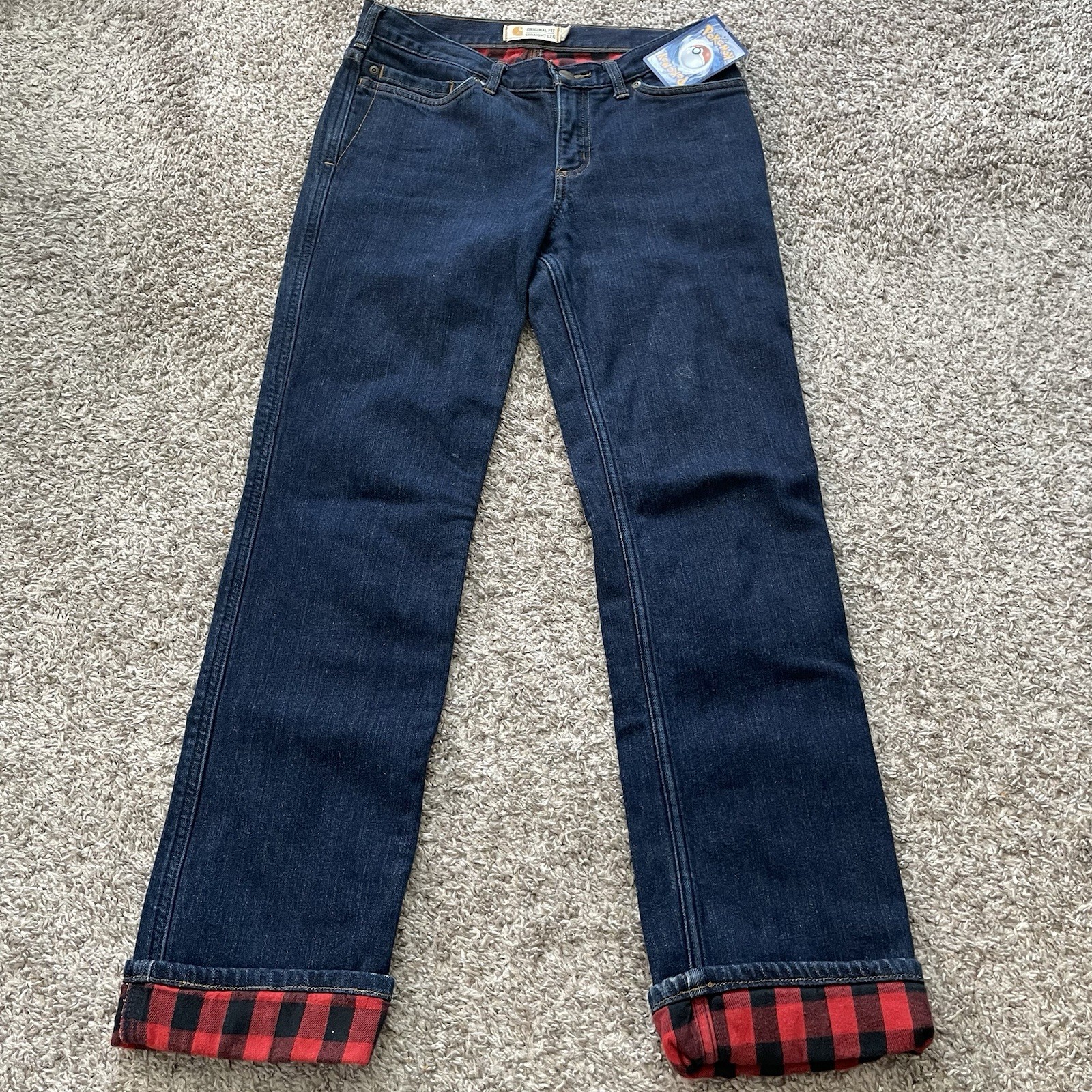 Carhartt Flannel Fleece Lined Jeans Womens 4 Blue Original Straight Stretch 1574