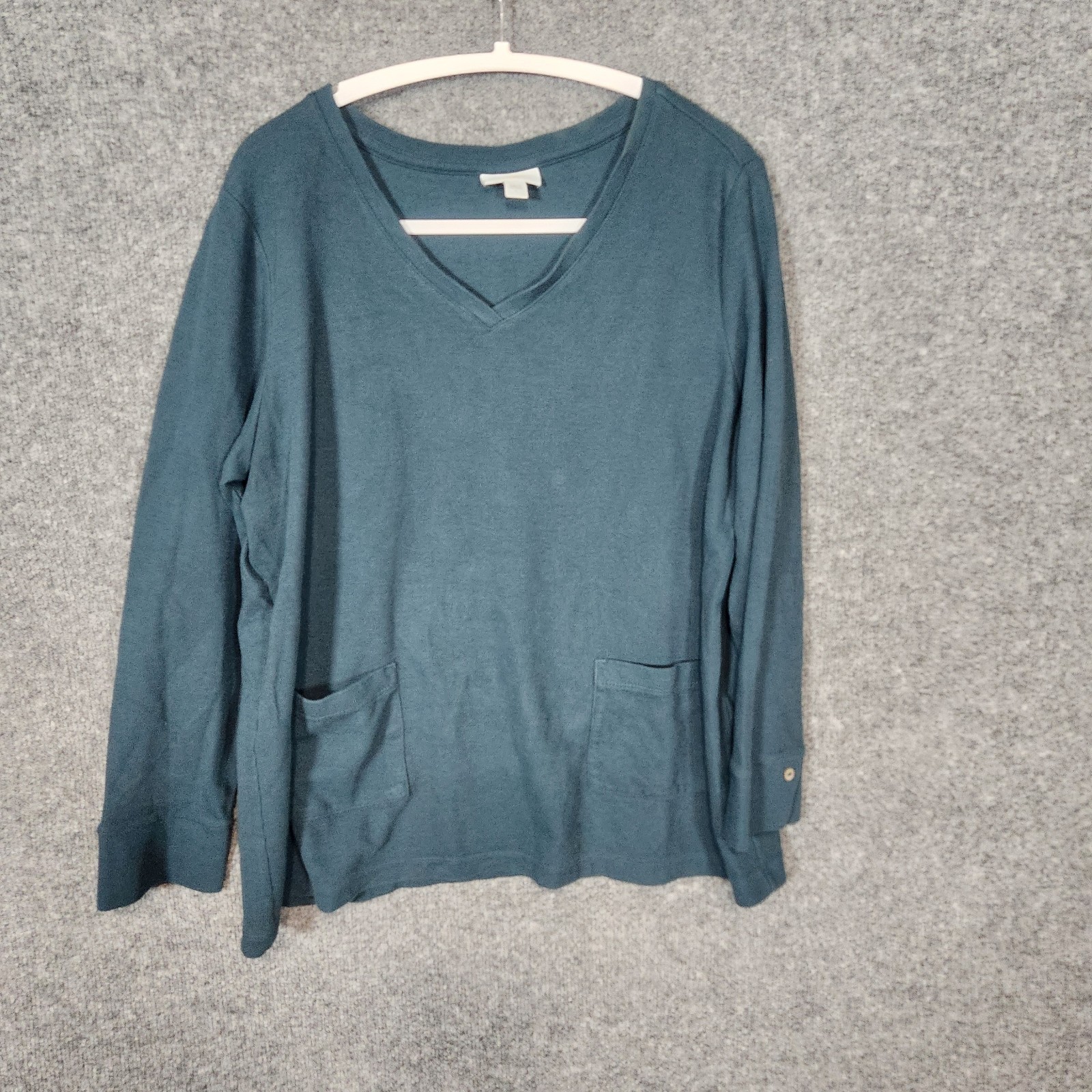 J. Jill Womens Pullover TopL Dark Teal Front Pockets V-Neck Long Sleeve