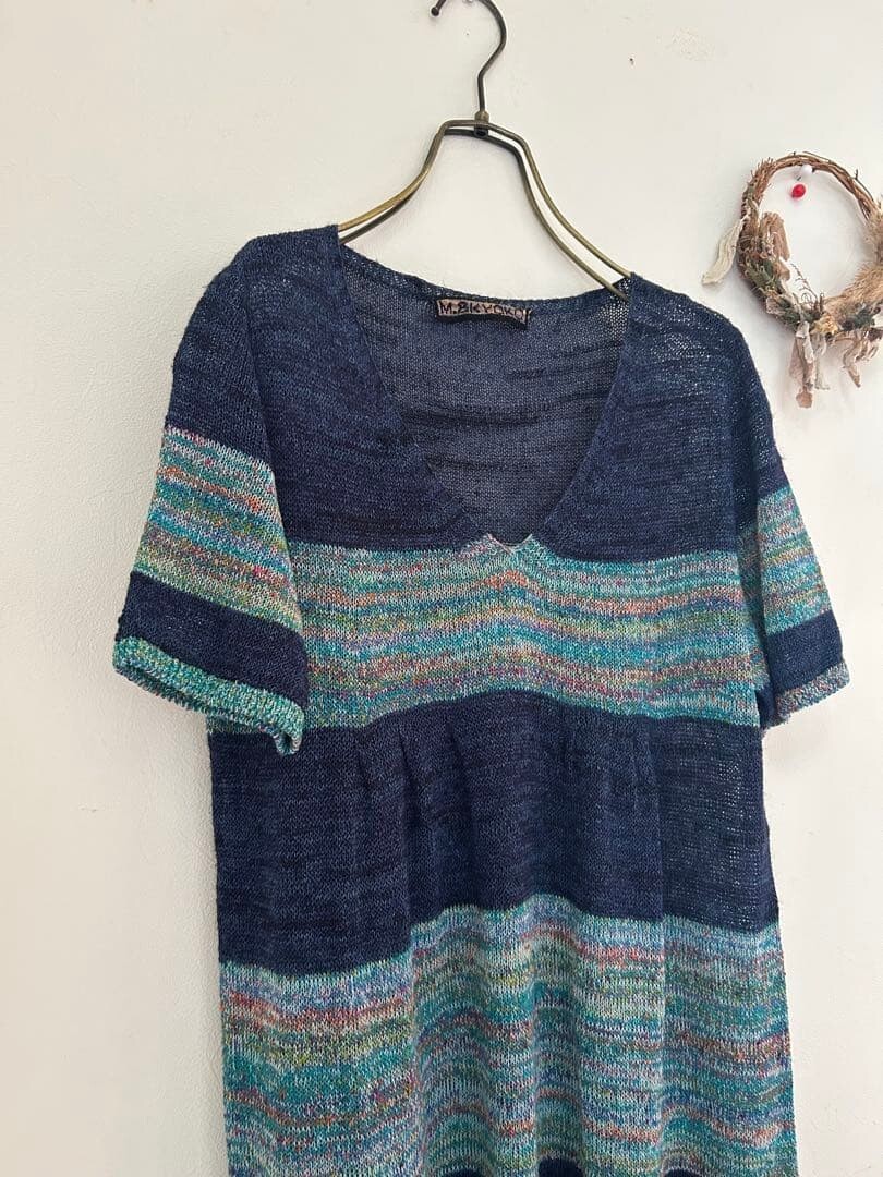 M.&KYOKO V Neck Multicolor Stripe Knit Dress Navy Free Size Rayon Paper Auth