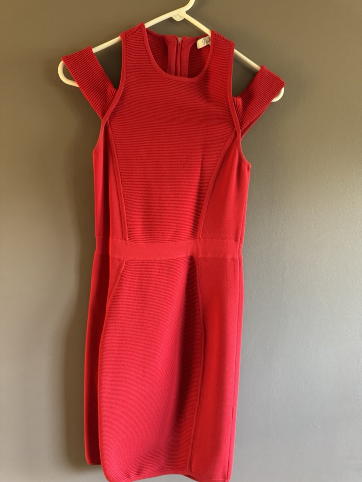Parker XS Red Solid Knit Crew Neck Cold Shoulder Sheath Bodycon Mini Dress