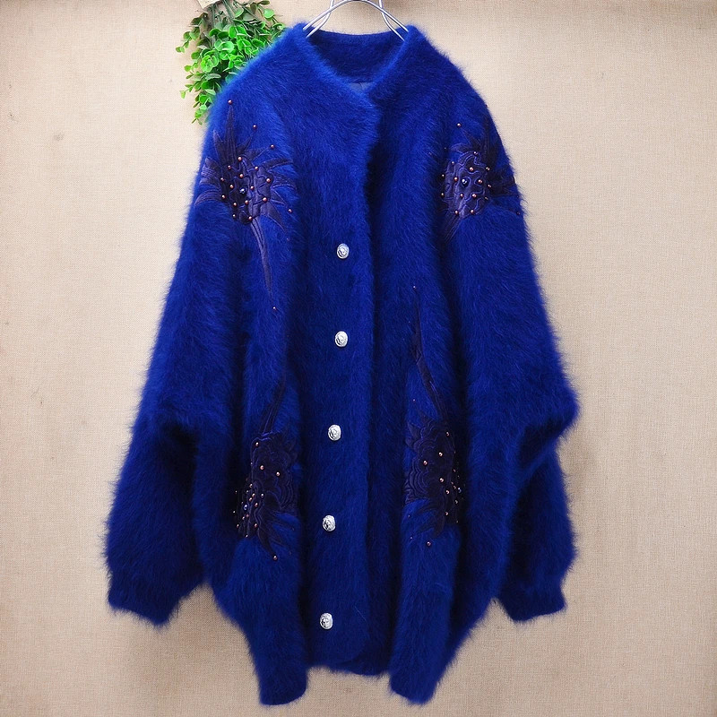 Women’s Angora Rabbit Hair Beaded Batwing Sleeves Loose Cardigans Sweater Coat
