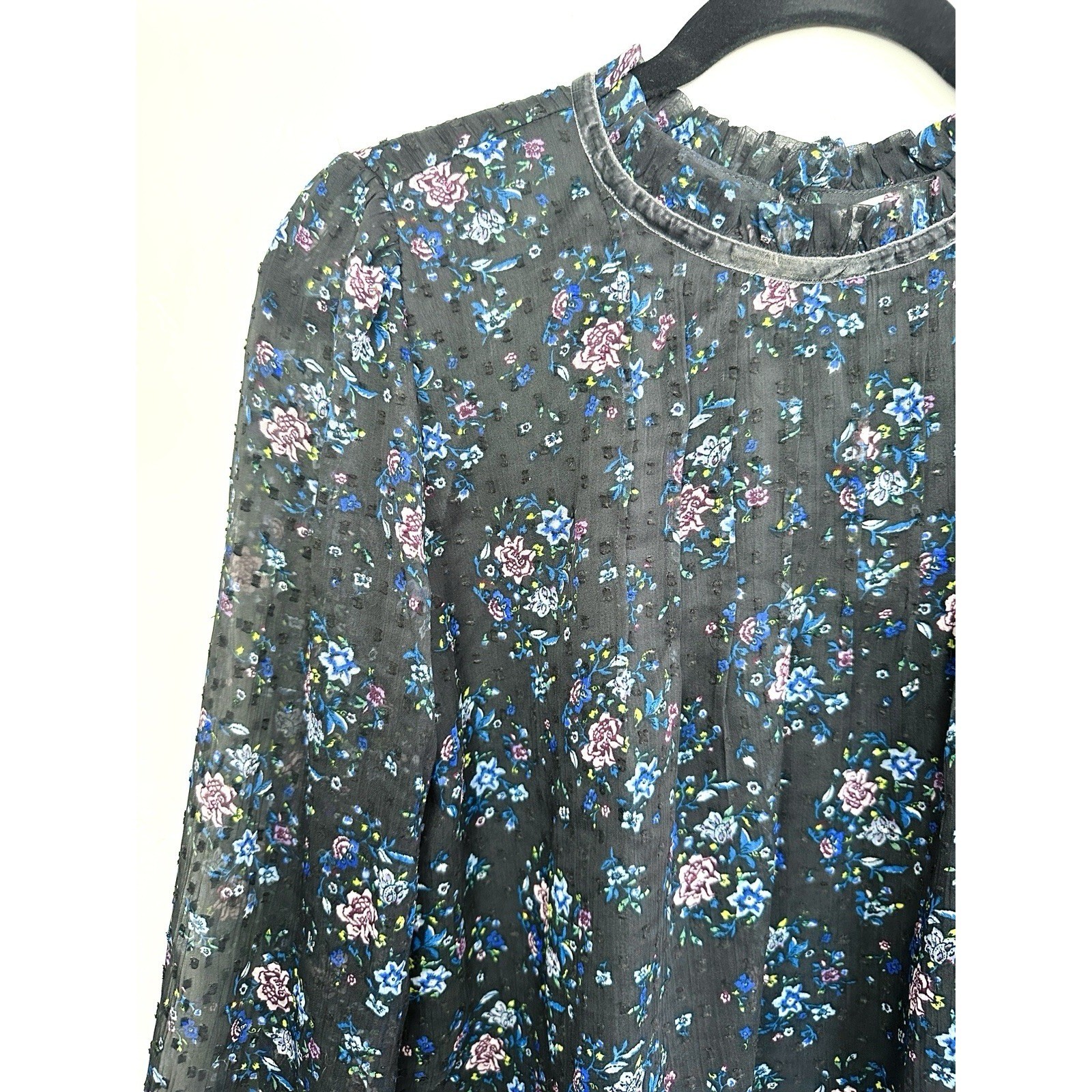 LOFT Floral Clip Dot Blouse Small Black Ruffle Neck Long Sleeve Sheer Cottage