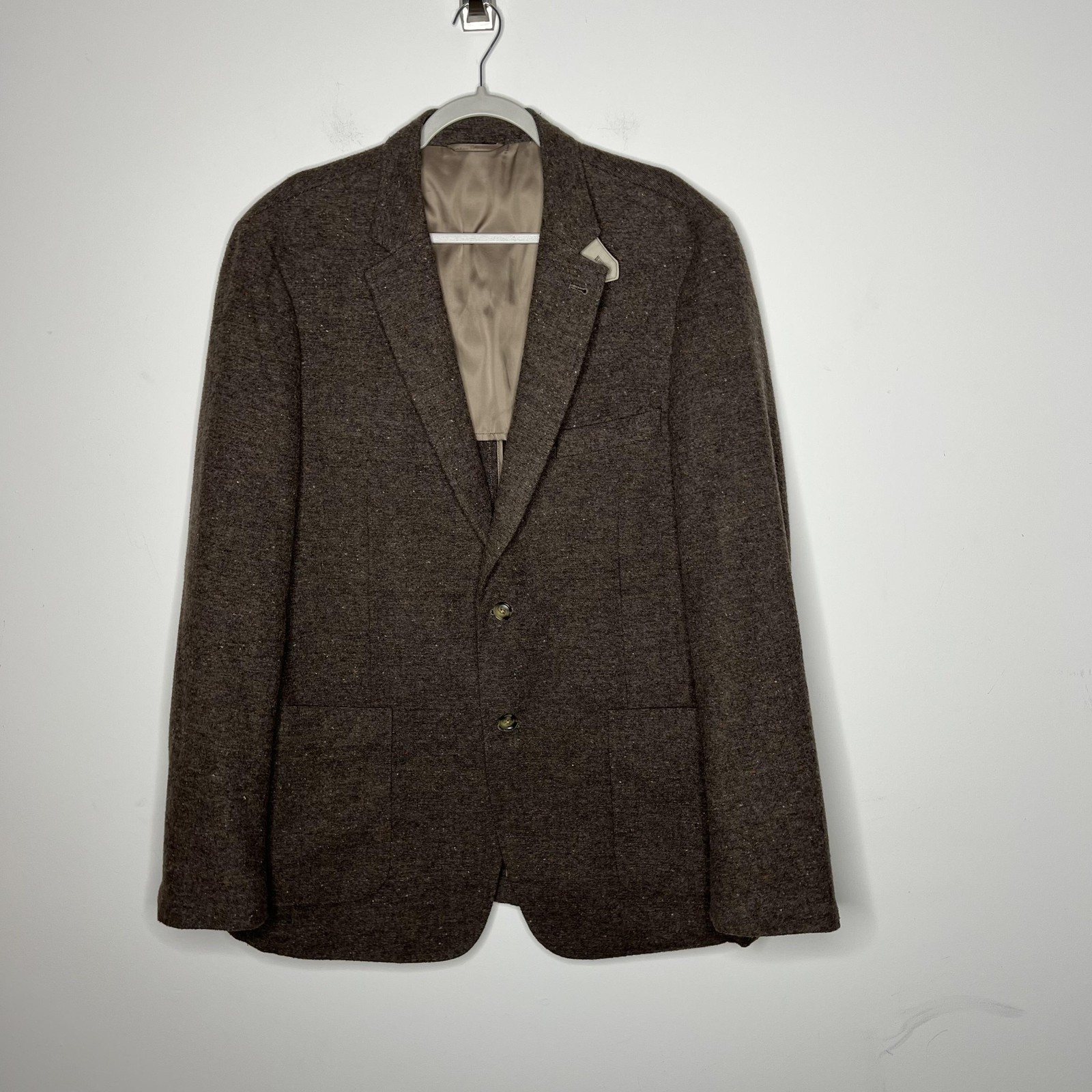 Kroon Blazer Mens 44L Brown Wool Blend Tweed Two Button Side Vents Patch Pockets
