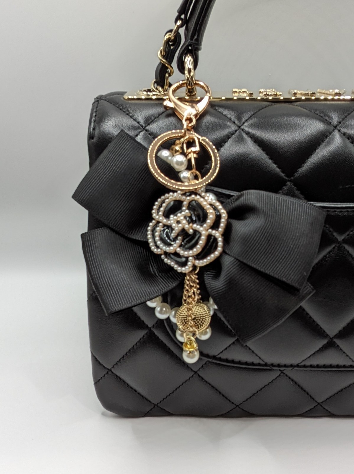 Camellia Bag Charm & Rhinestones – Black Bow & Faux Pearl | Stocking Stuffer