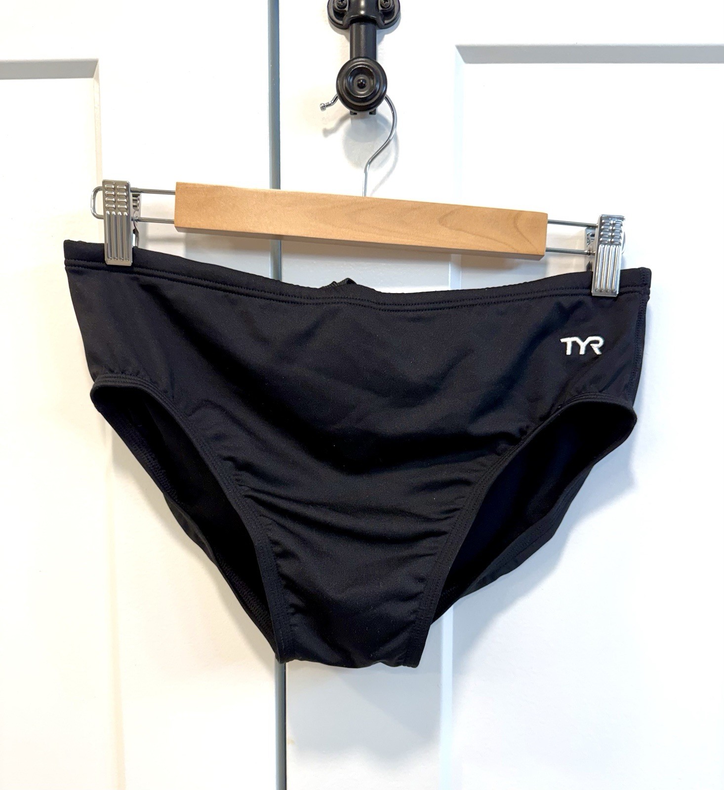 TYR Men’s Swim Briefs Bottom Black Size 36 Solid Lined Logo Training Competition