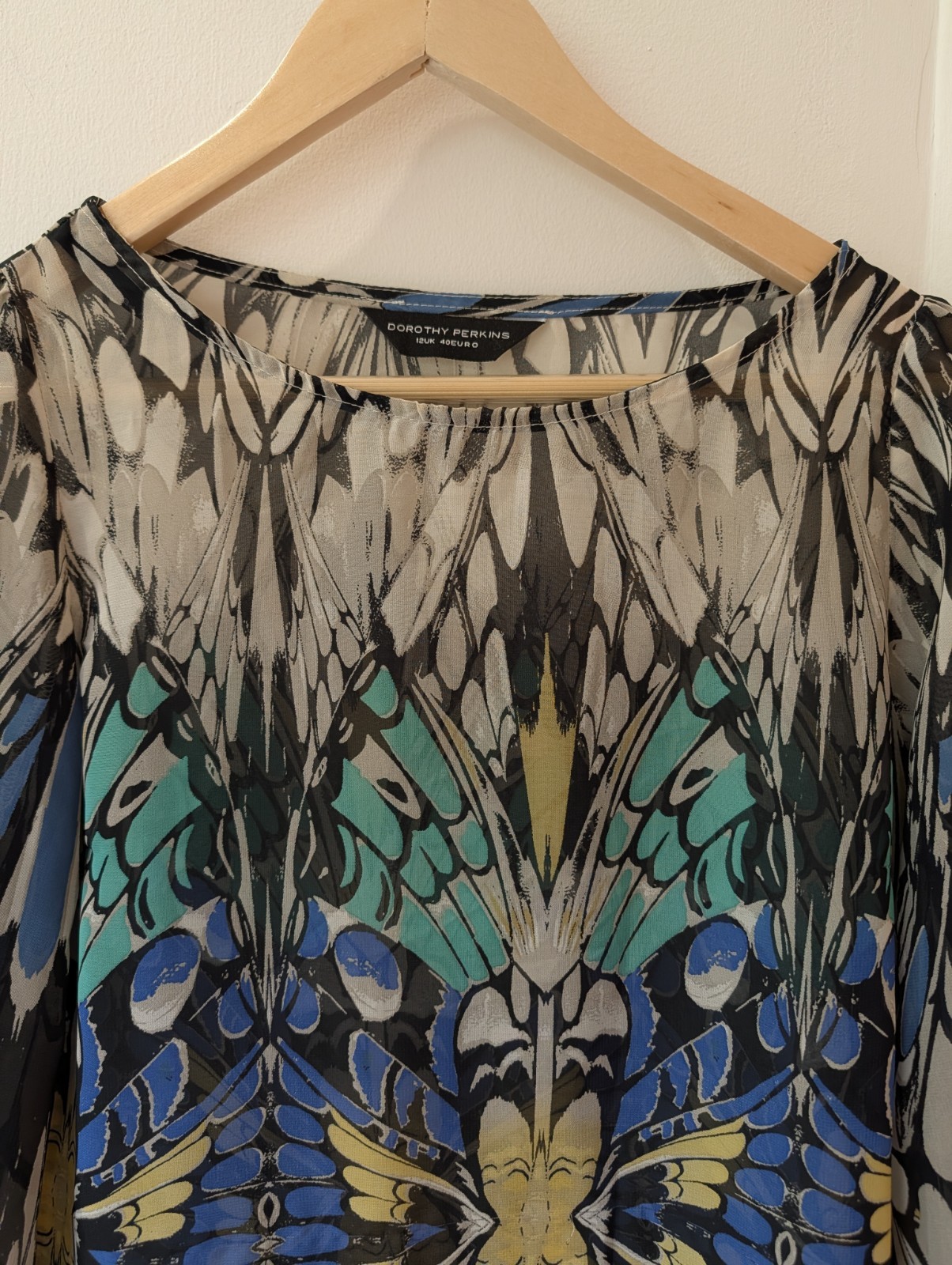 Dorothy Perkins Butterfly Print Statement Blouse Size 12 Sheer Top Boho