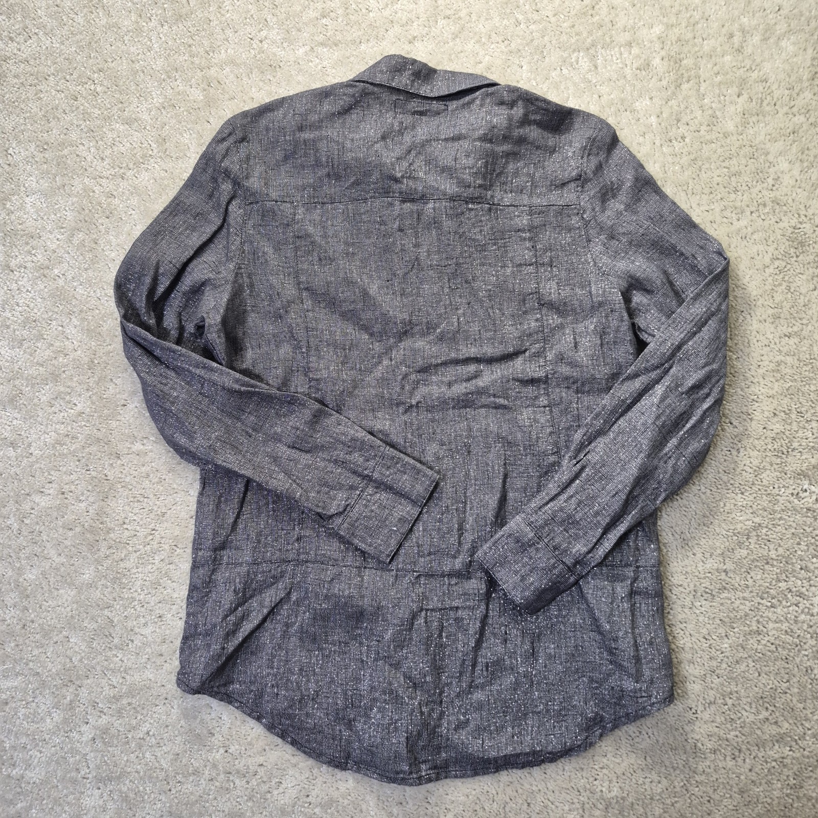 Flax Linen Top Womens Small Gray Metallic Silver Button Up Disco Beach 70s Mom