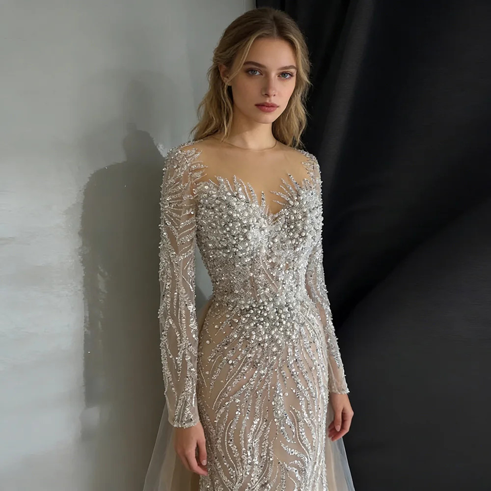 Luxury Beaded Mermaid Evening Gown with Long Sleeves Formal Wedding Party Dress