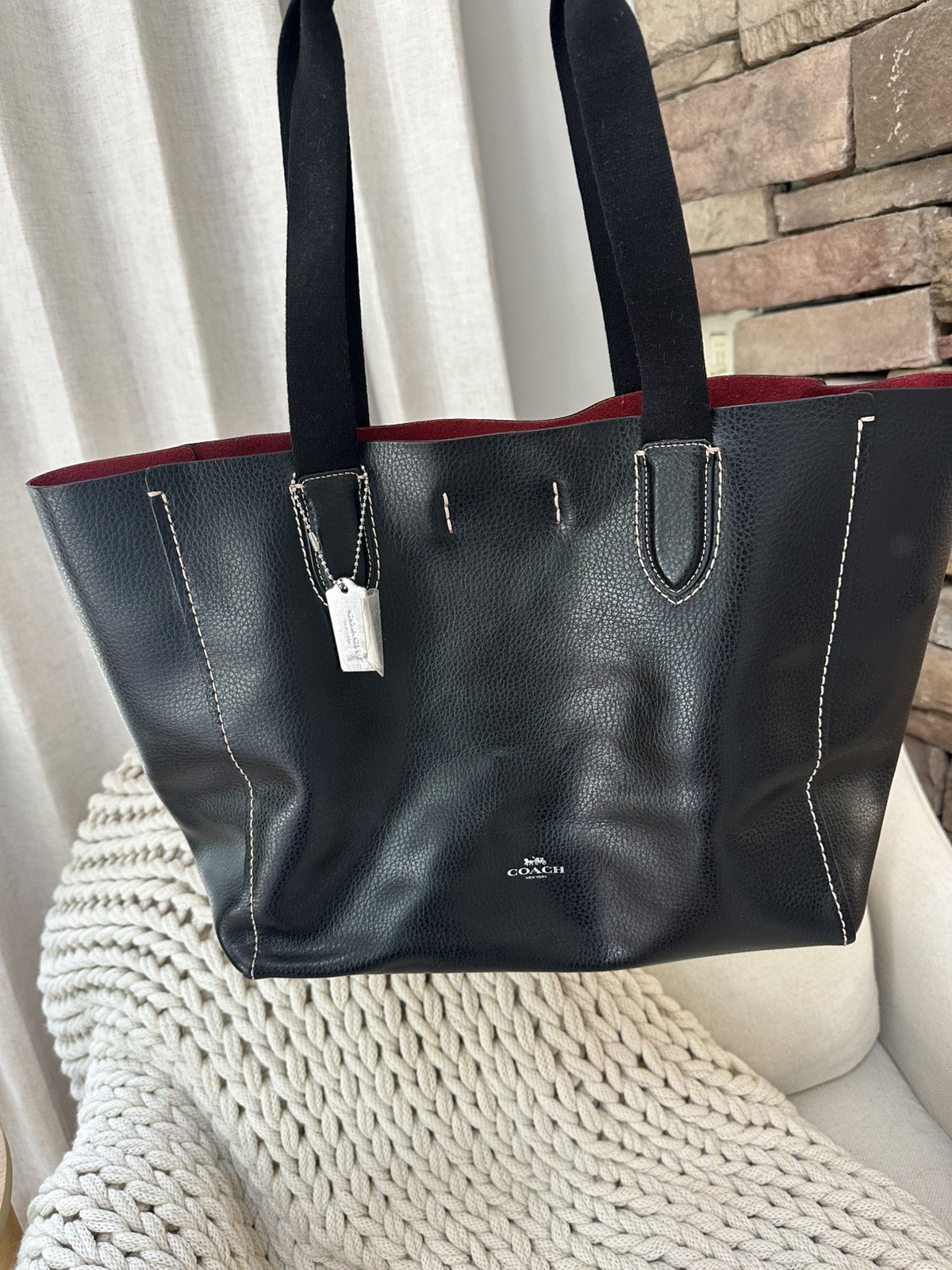 Authentic COACH Derby Tote in Black Pebbled Leather – Oxblood Red