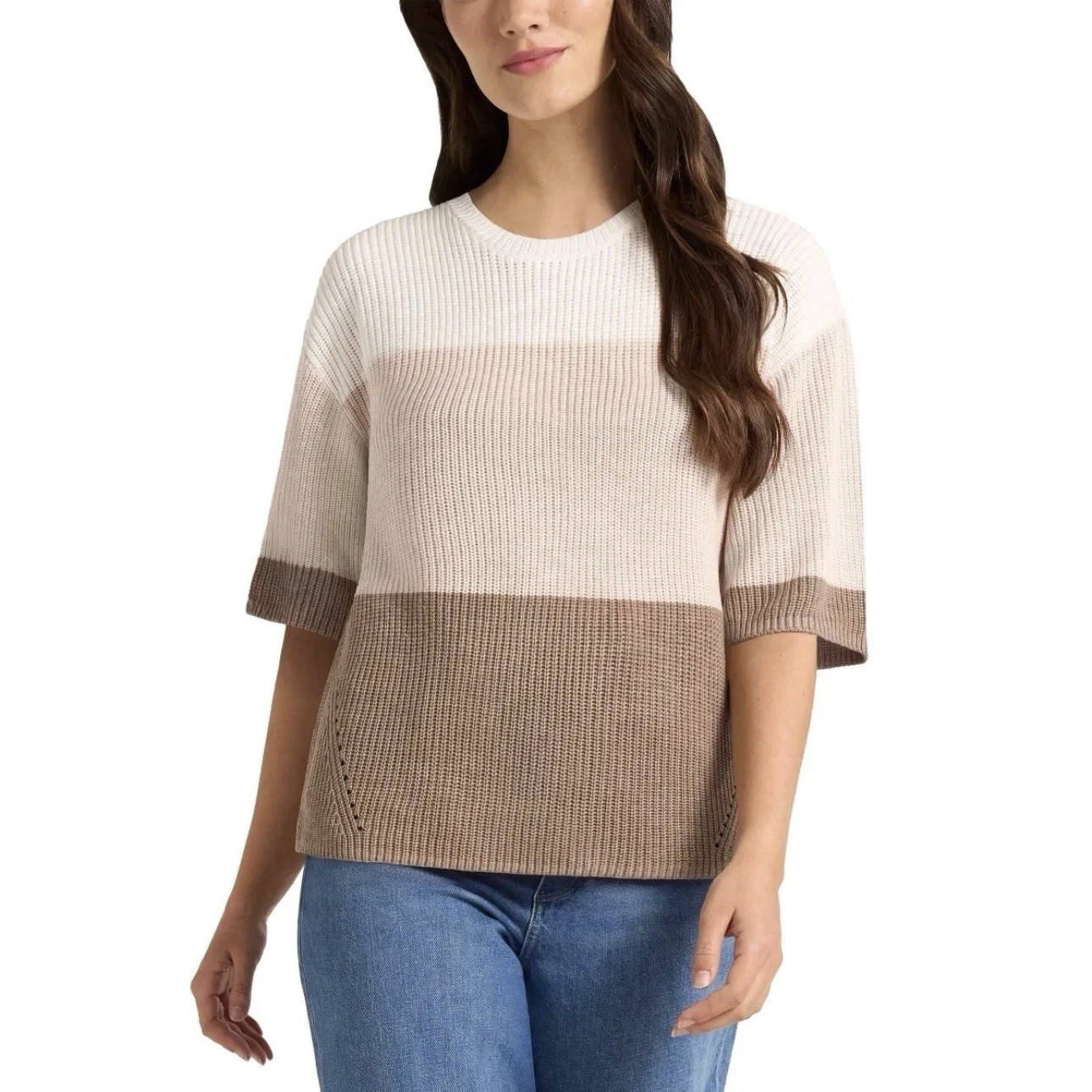 Matty M Women’s XXL Colorblock Sweater Polyester Crewneck (Brown, Beige, White)