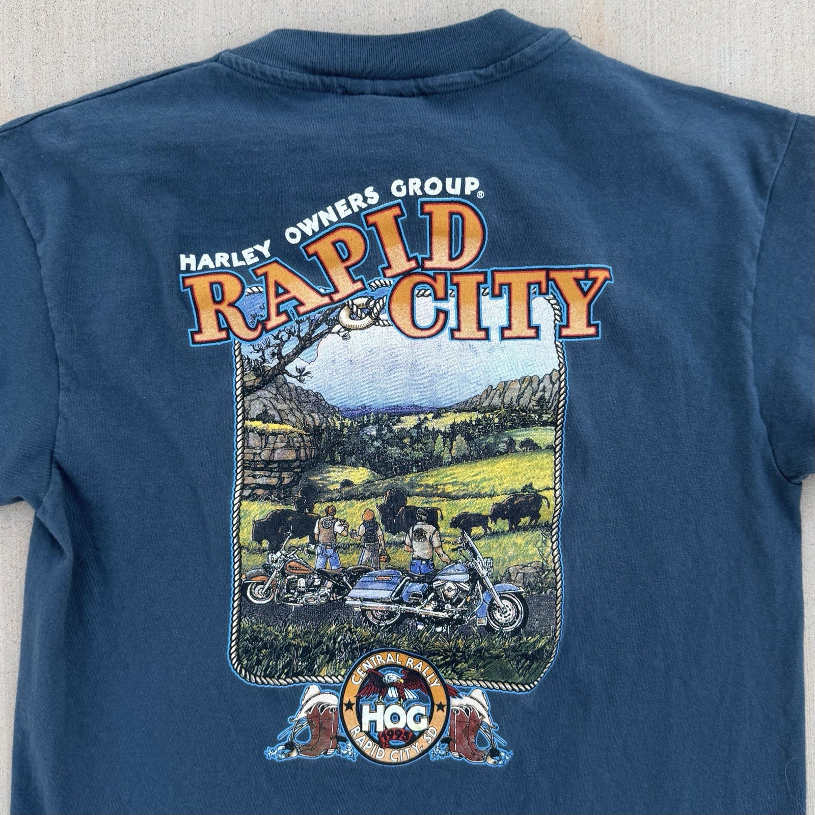 Vintage 1995 Harley Davidson Owners Group Rapid City T-Shirt Blue Size Medium