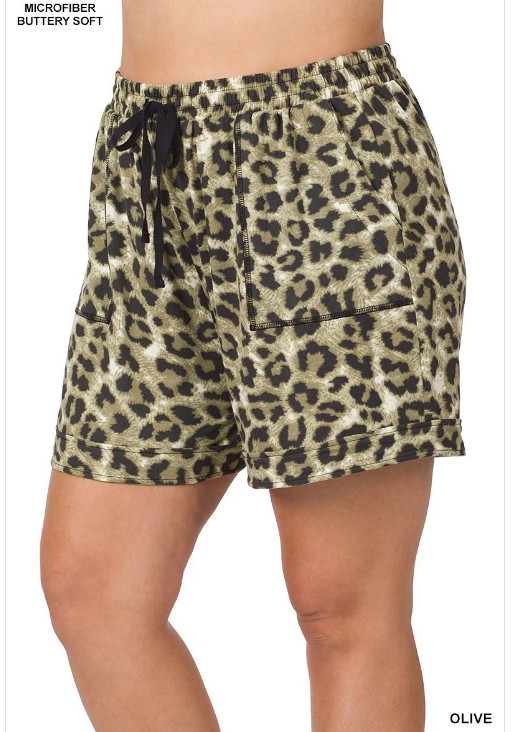 Zenana 3X Cotton Plush Brushed DTY Leopard Relaxed Fit Pocket Shorts Olive Mult