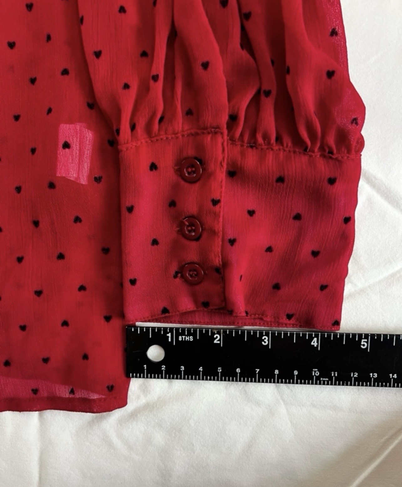boohoo Red Sheer Chiffon Heart Print Collared Button-Up Long Sleeve Blouse 20