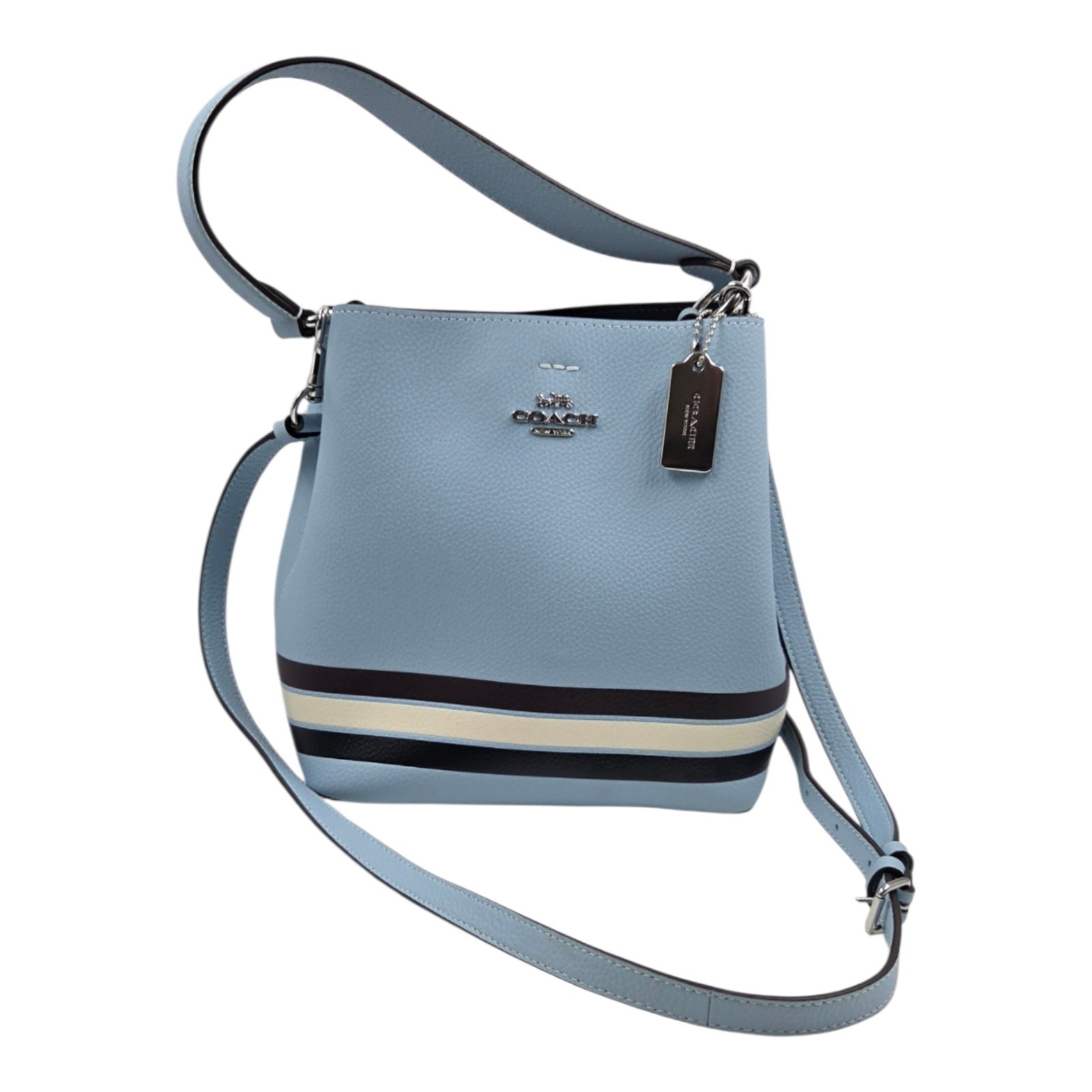 Coach Town Bucket Bag Colorblock Stripe Leather, Blue C4080 8.5 x 8.75 x 4 Inch