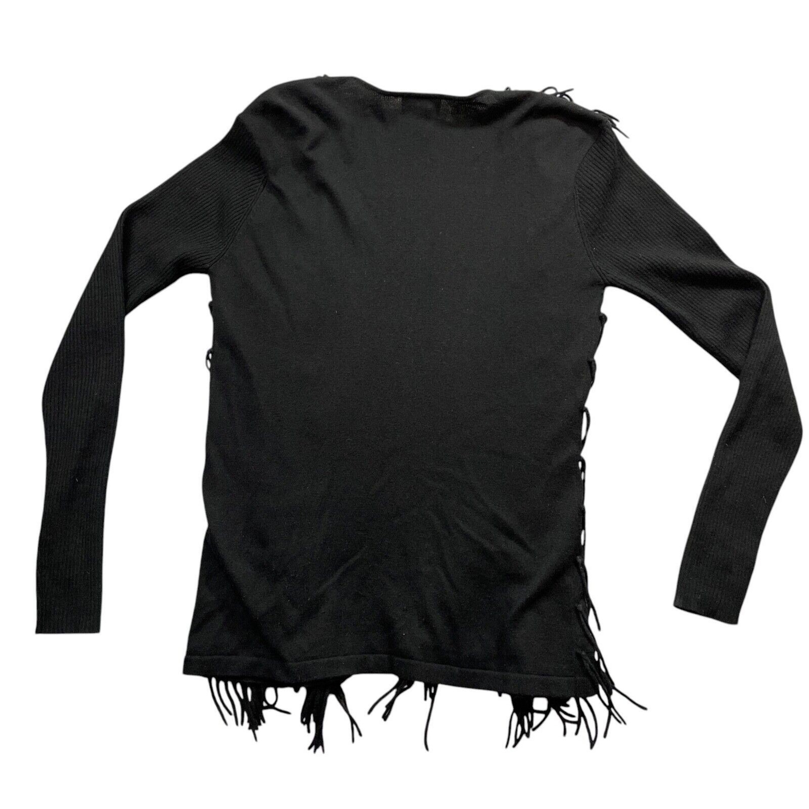 Central Park West Black Medium Sweater Fringe Front Open Front
