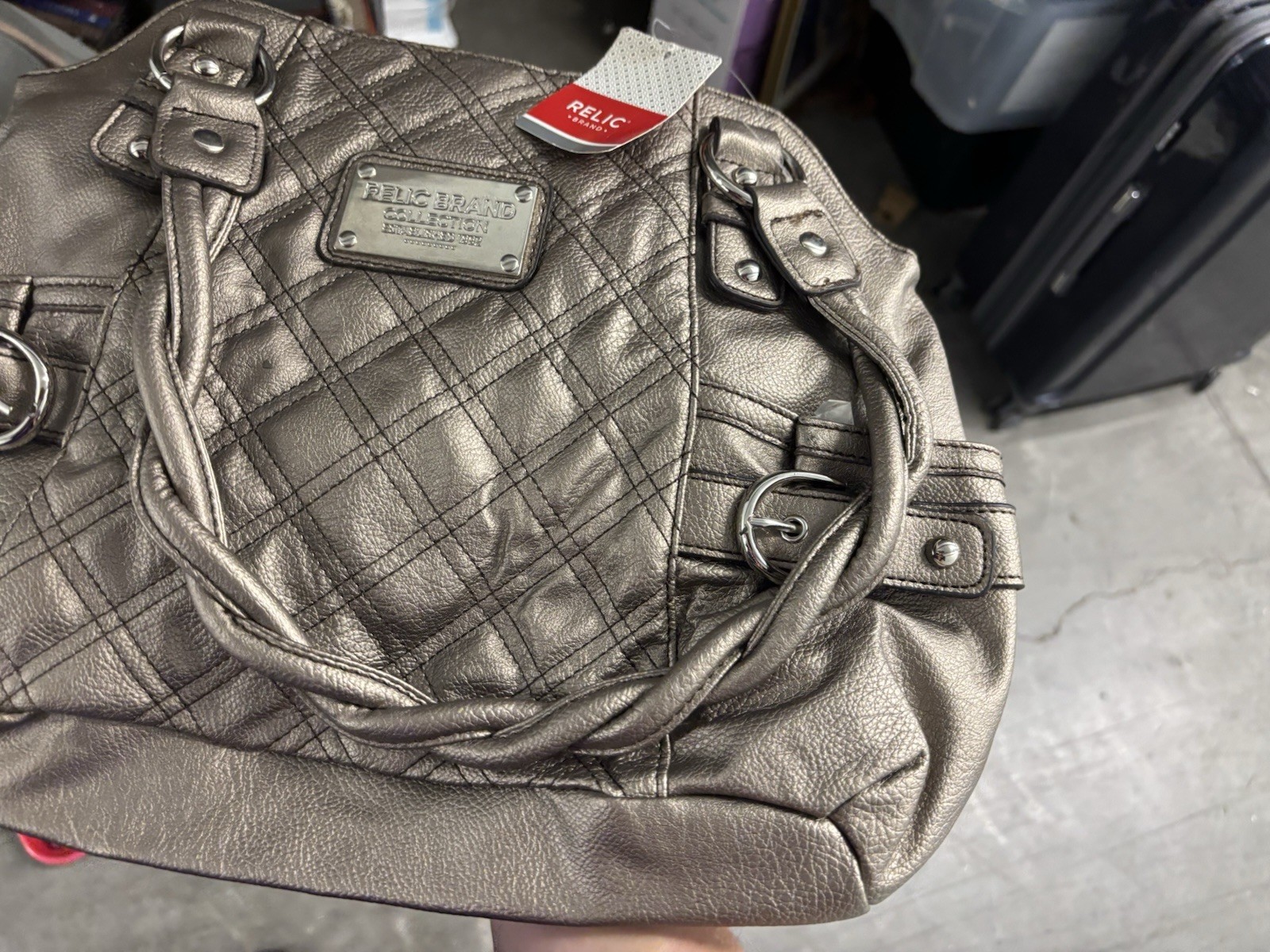 Relic Metallic Gray Quilted Satchel Top Handle Silver Hardware Zip, Magnetic