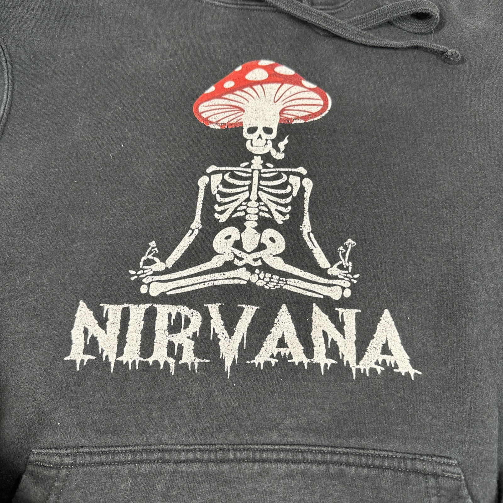 Nirvana Mushroom Head Skeleton Drawstring Hoodie Unisex Size M Black Grunge Art