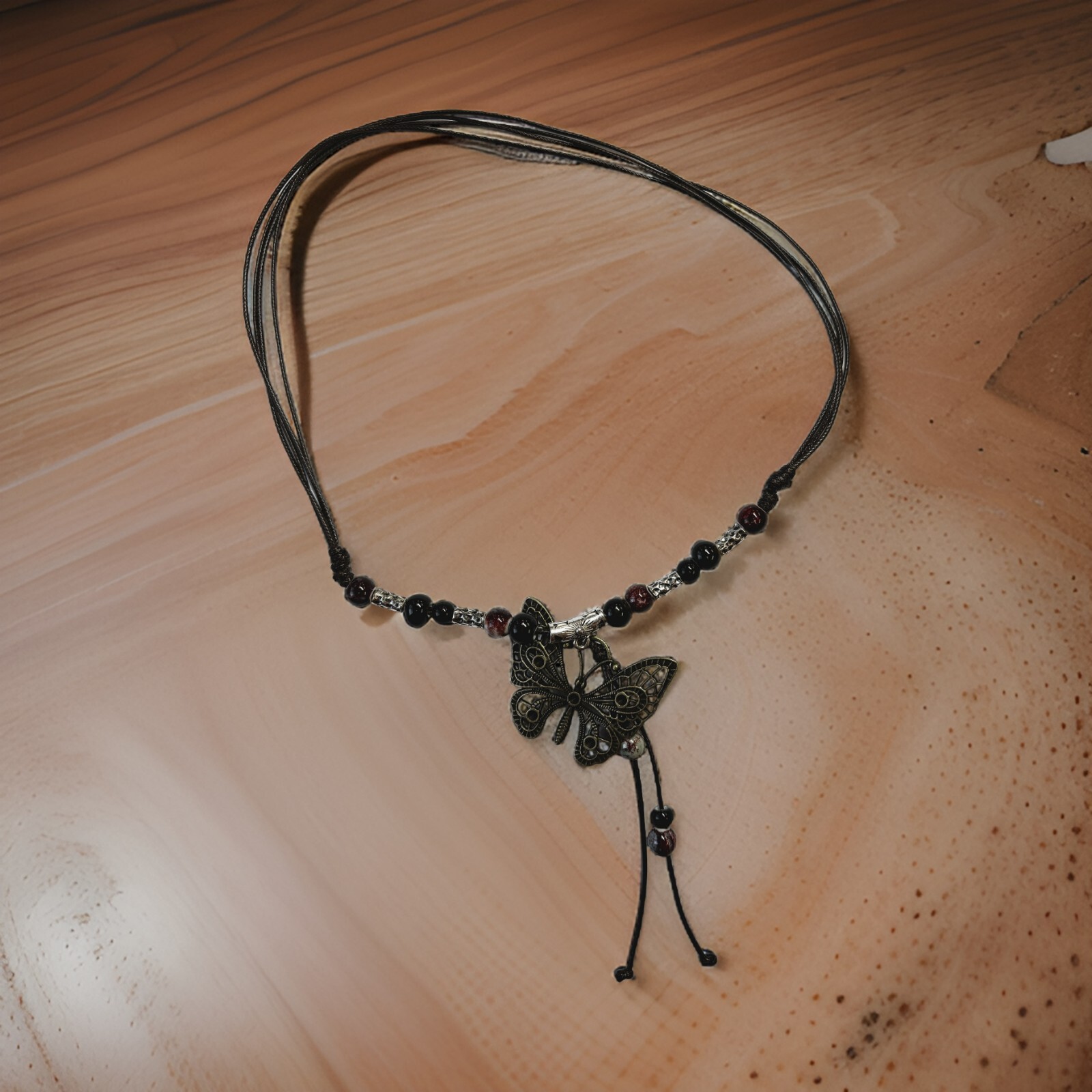 Black White Bead Silver Butterfly Pendant Charm Blessing Vintage Necklace