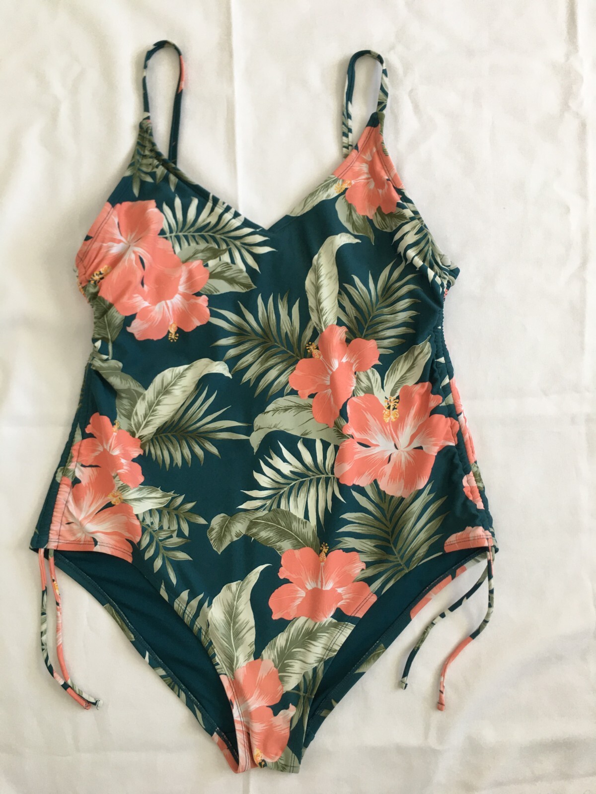 Kona Sol Womens Swimsuit One Piece Swimwear Green Floral Tropical Side Cinch…
