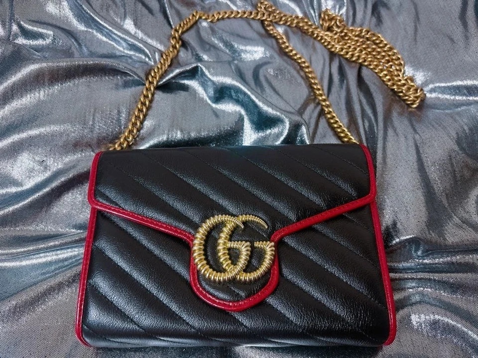 GUCCI Mini Marmont Shoulder Bag Black x Red Leather Chain Shoulder Strap Auth