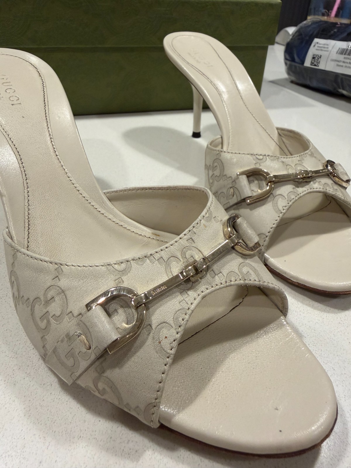 Gucci Guccissima GG Monogram Horsebit Slide Heels, Authentic, Size 37 1/2