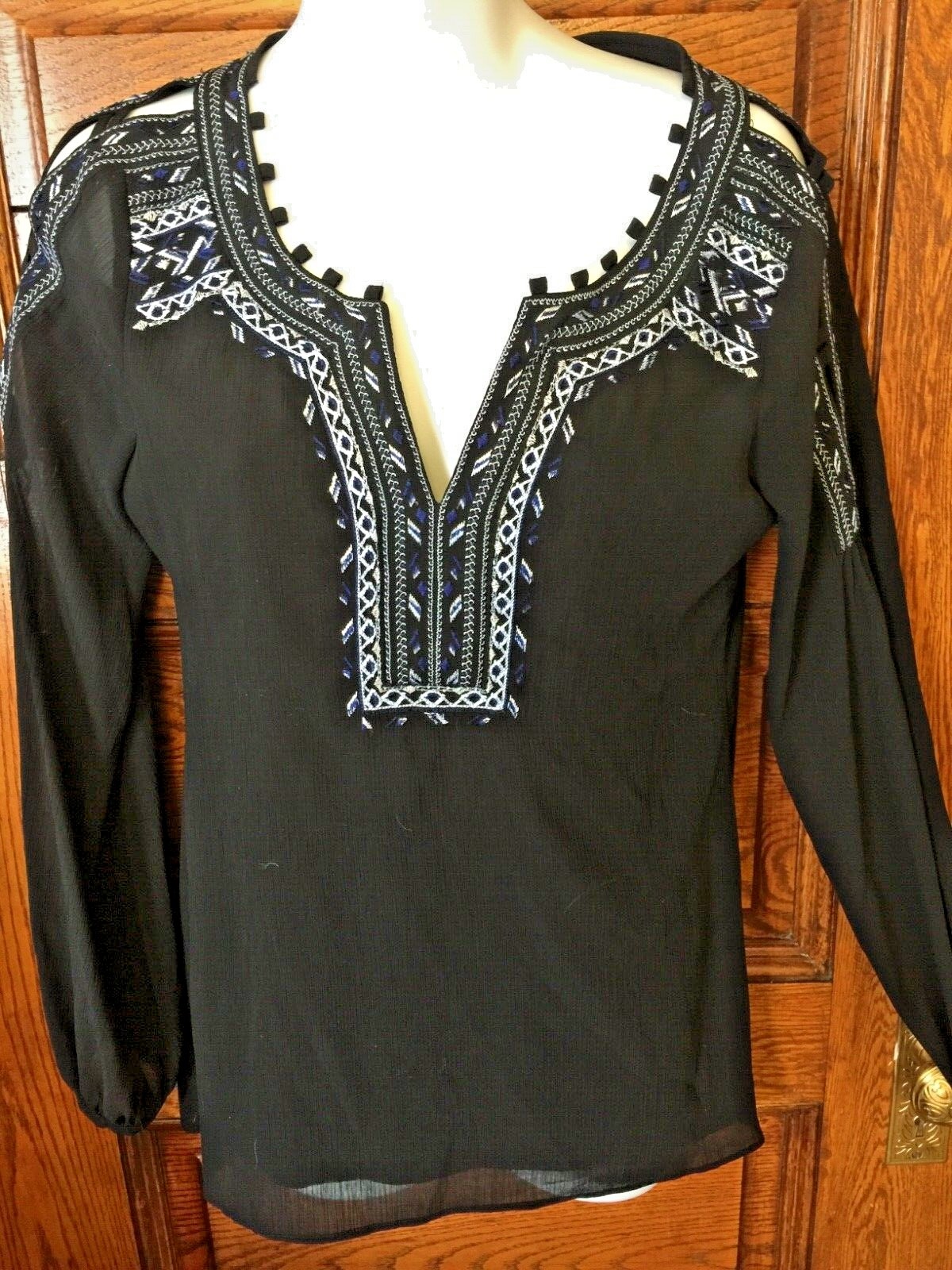 WHITE HOUSE BLACK MARKET Aztec Embroidered, Cold Shoulder/Sleeve, PEASANT TOP 2