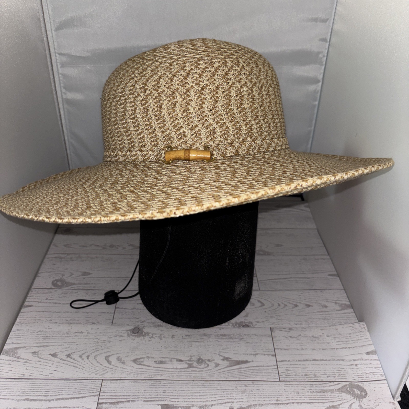 Nine & Co Nine West Floppy Wide Brim Sun Hat Natural Tan With Chin Strap OS