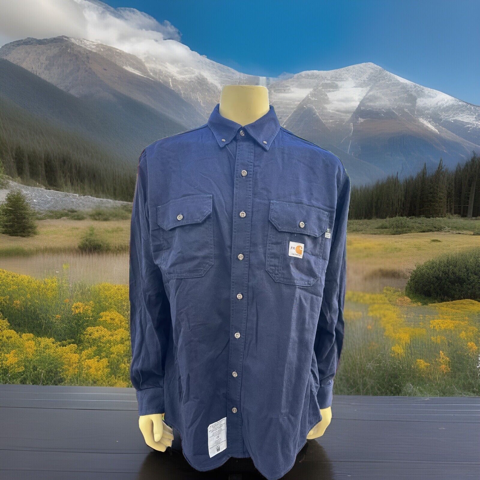 2 Carhartt FR Button Down Navy Blue Cotton Work Shirts Large RG CAT 2 NFPA 2112