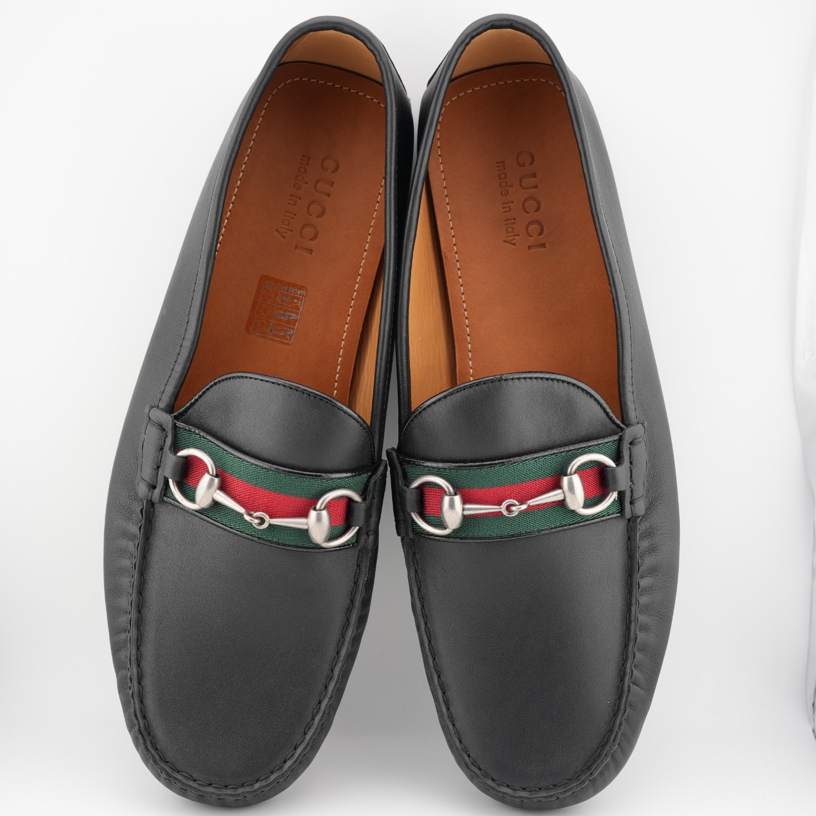 Gucci Black Leather Web Horsebit Loafers Men 11 US