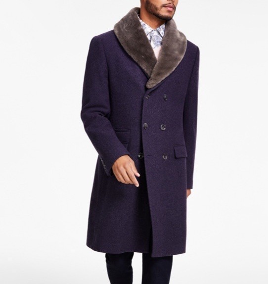 Tayion Collection Mens Classic-Fit Double-Breasted Fur Collar Overcoat 38R Purpl