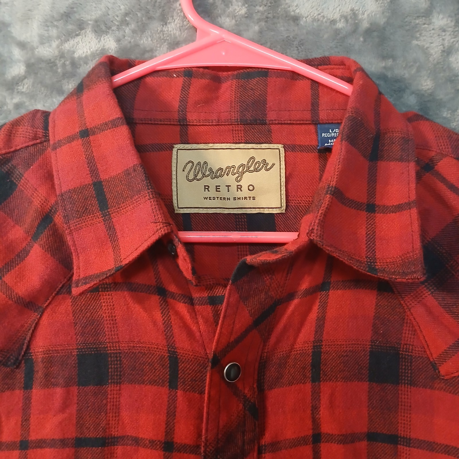 WRANGLER RETRO SHIRT MENS L RED PLAID FLANNEL PEARL SNAP WESTERN