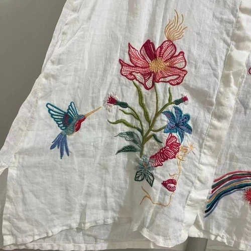 NWOT Johnny Was 100% Ramie Embroidered Floral Button-Down Tunic Shirt Blouse S