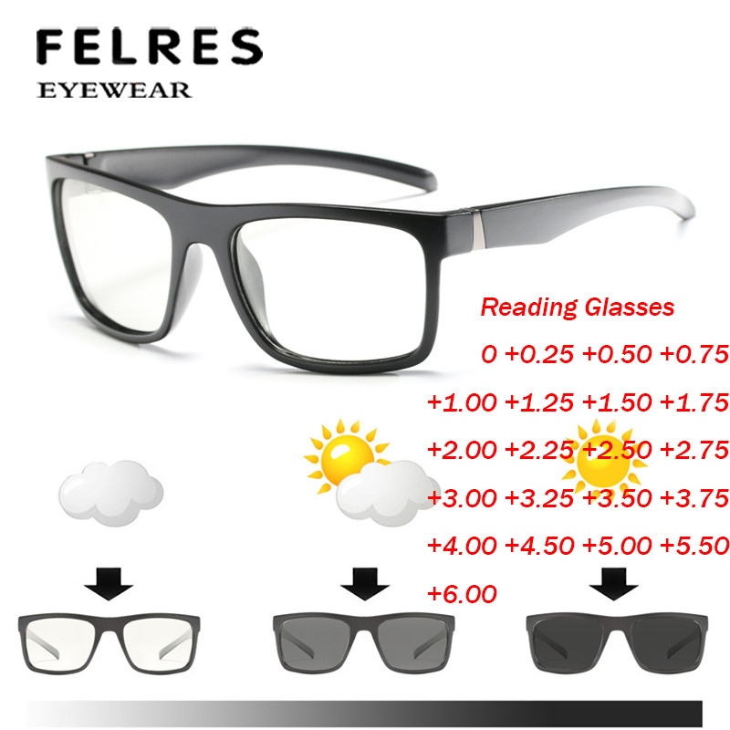 Men Square Photochromic Reading Glasses Sports Driving Shade Sunglasses Readers