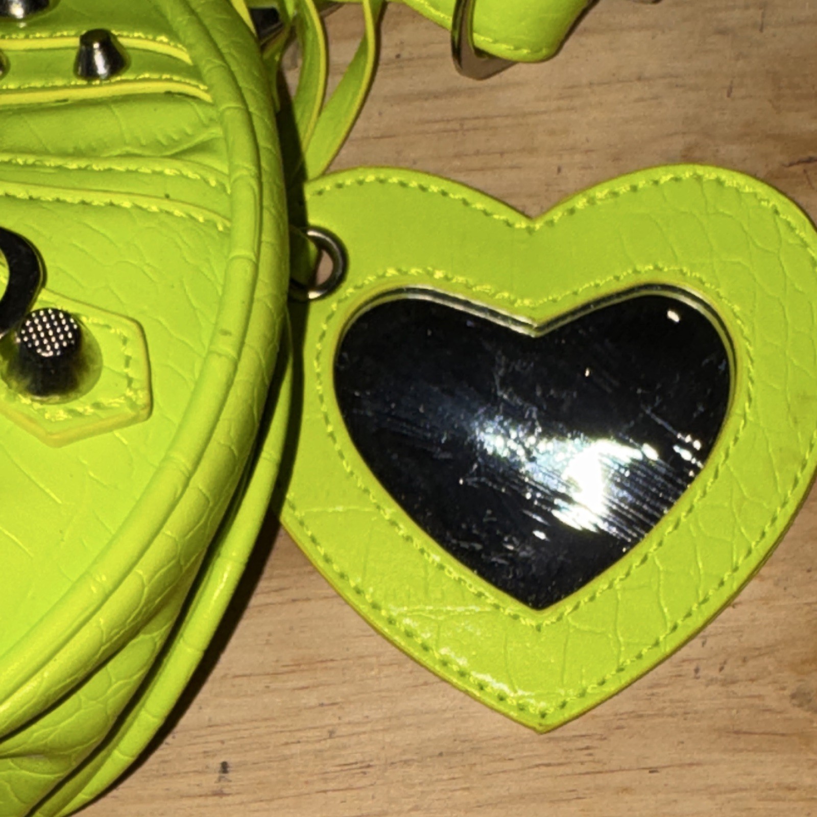 Neon Green Quilted Studded Crescent Shoulder Bag w/ Pouch, Heart Mirror & Strap