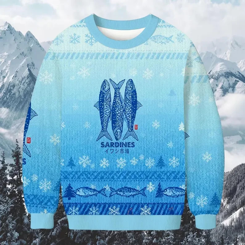 Sardines Fish Ugly Christmas Sweater Blue Ombre Seafood Jumper Winter Holiday